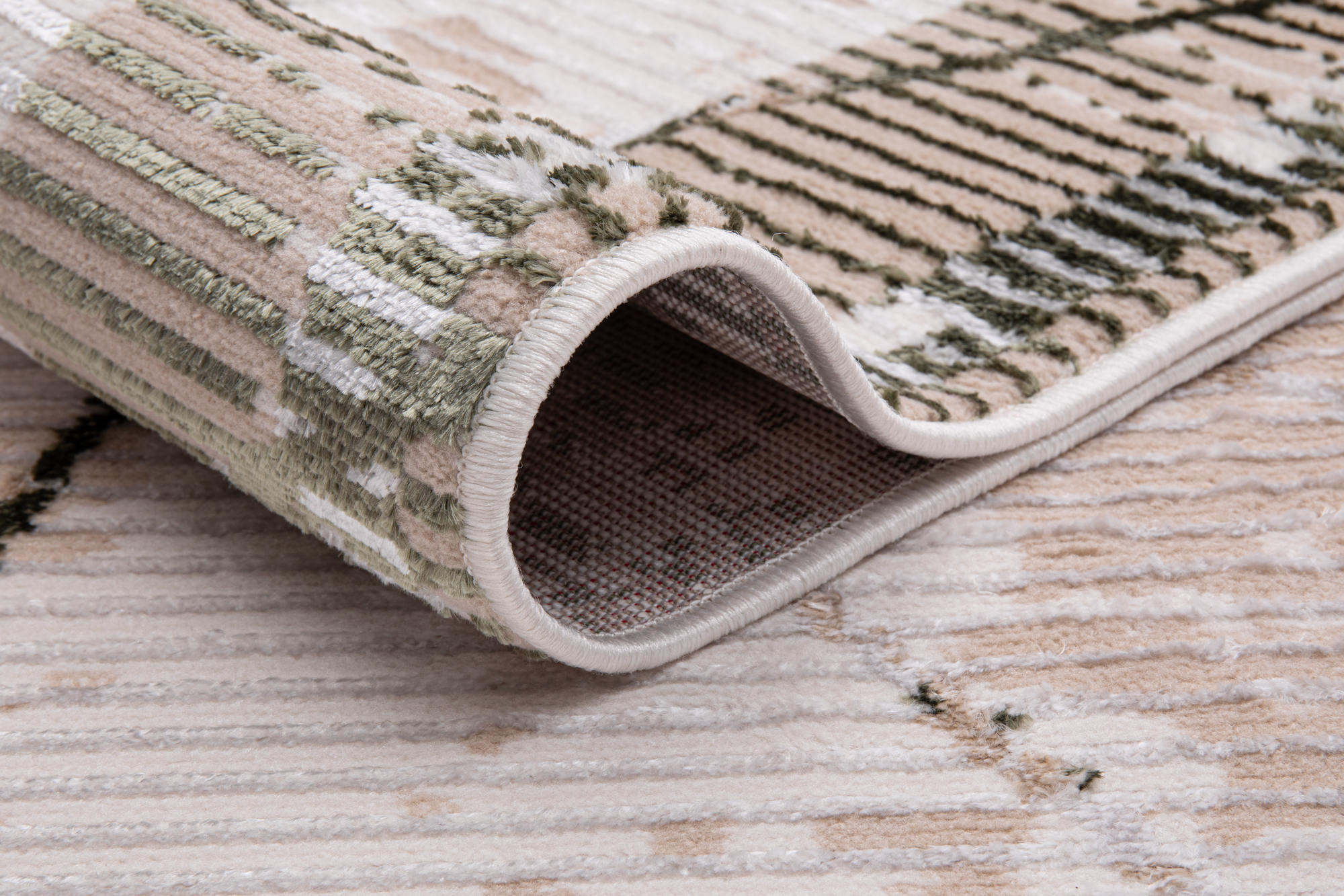 Teppich Crystal Grün Beige Rahmen Geometrisch 3D Effekt