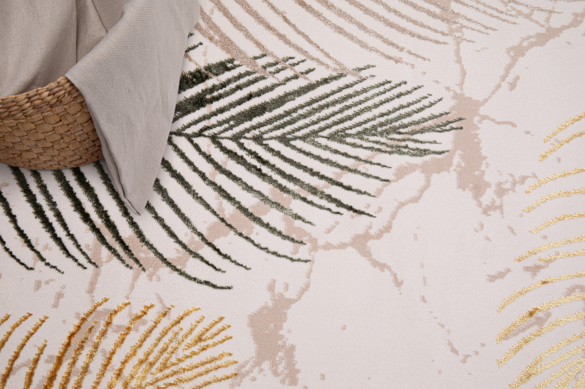 Teppich Crystal Grün Gold Creme Blätter 3D Effekt