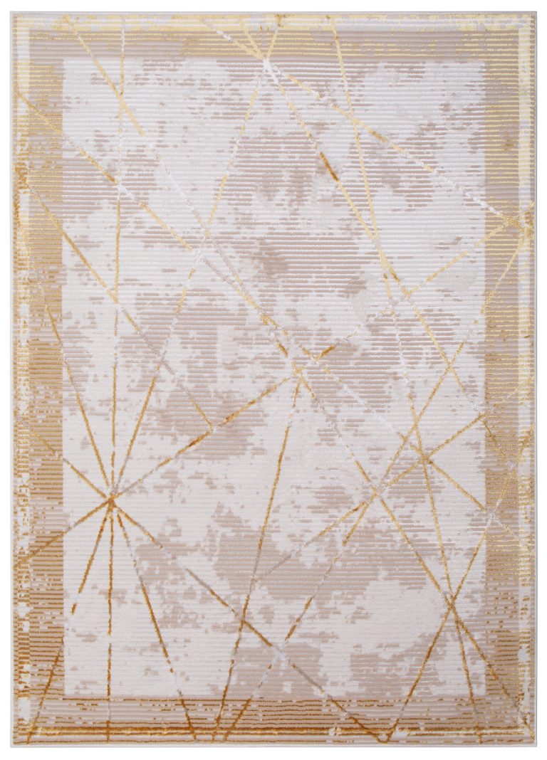 Teppich Crystal Gold Beige Rahmen Geometrisch 3D Effekt
