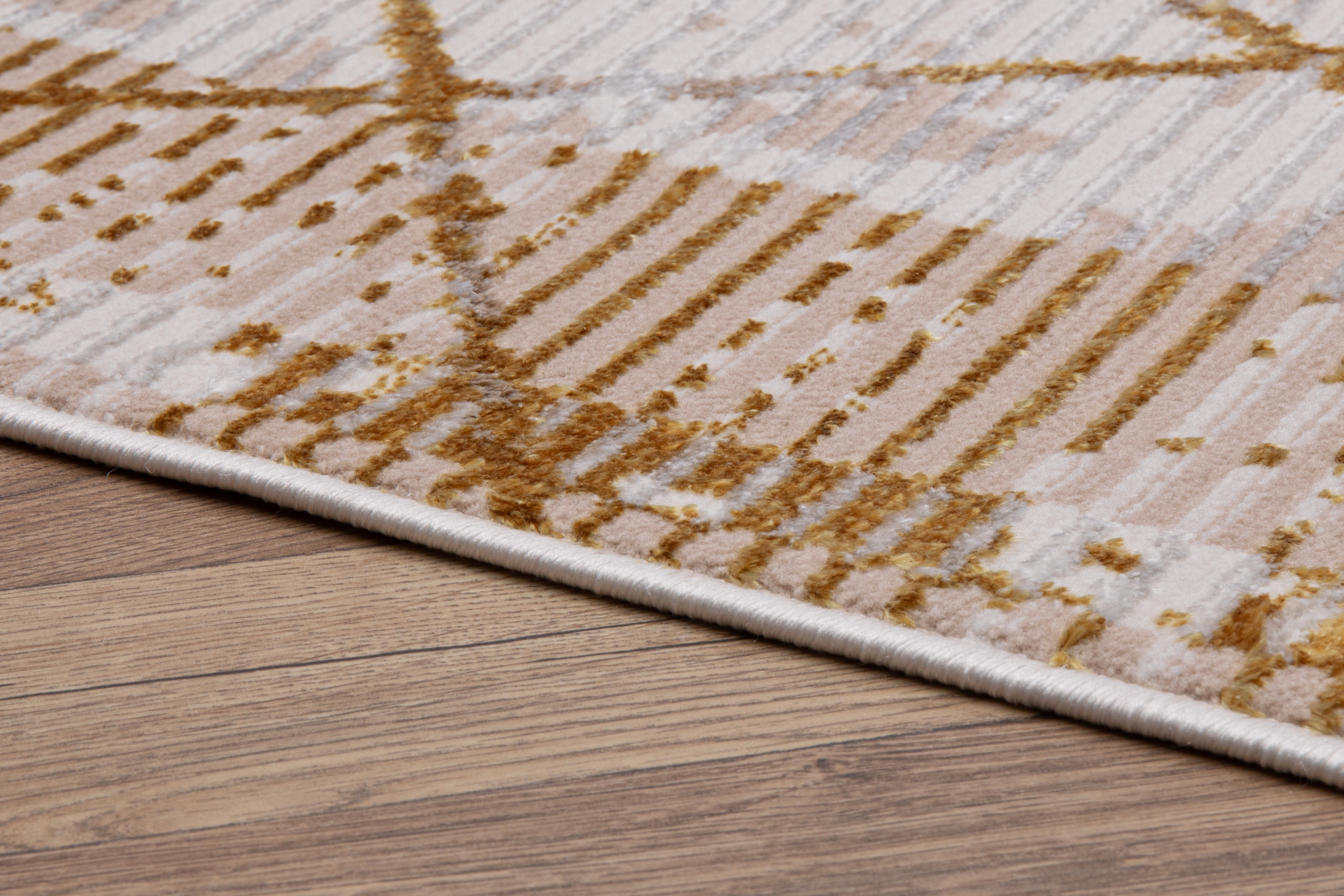 Teppich Crystal Gold Beige Rahmen Geometrisch 3D Effekt