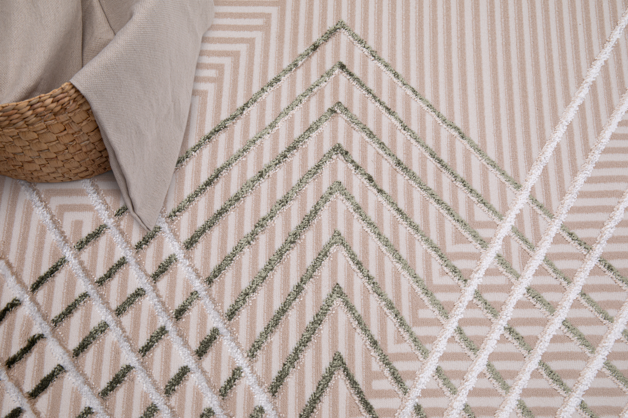 Teppich Crystal Grün Beige ZigZag Geometrisch 3D Effekt