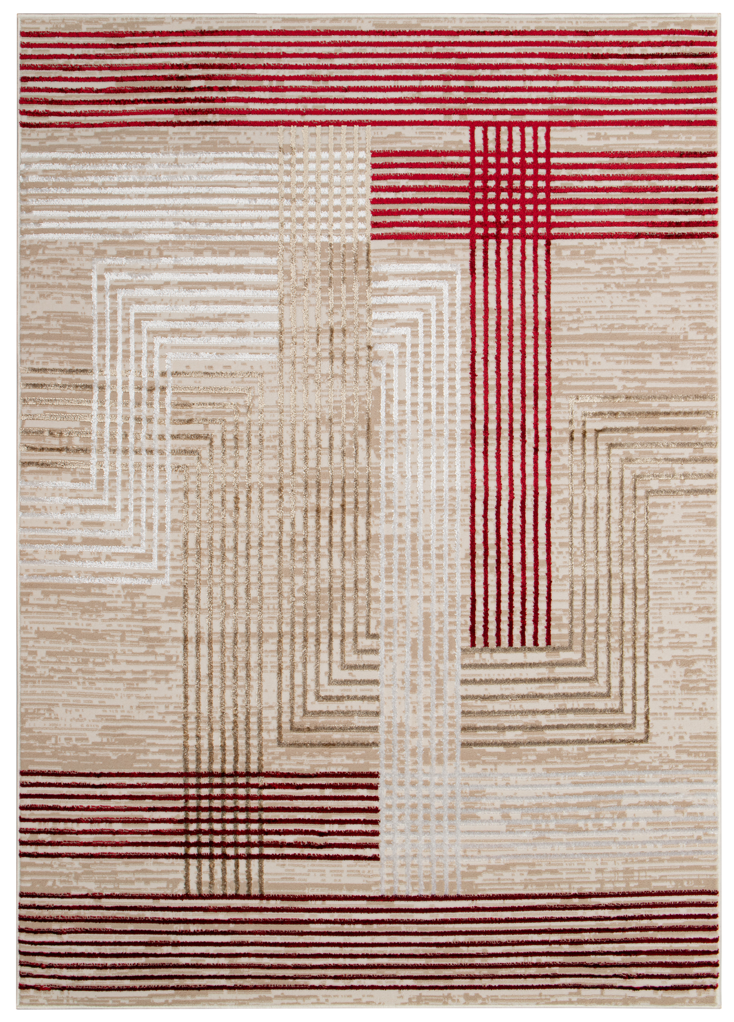 Teppich Crystal Rot Beige Creme Streifen 3D Effekt