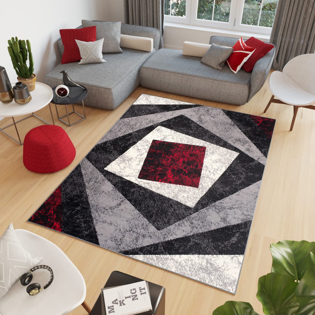 Teppich Dream Geometrisch Grau Rot Quadrate
