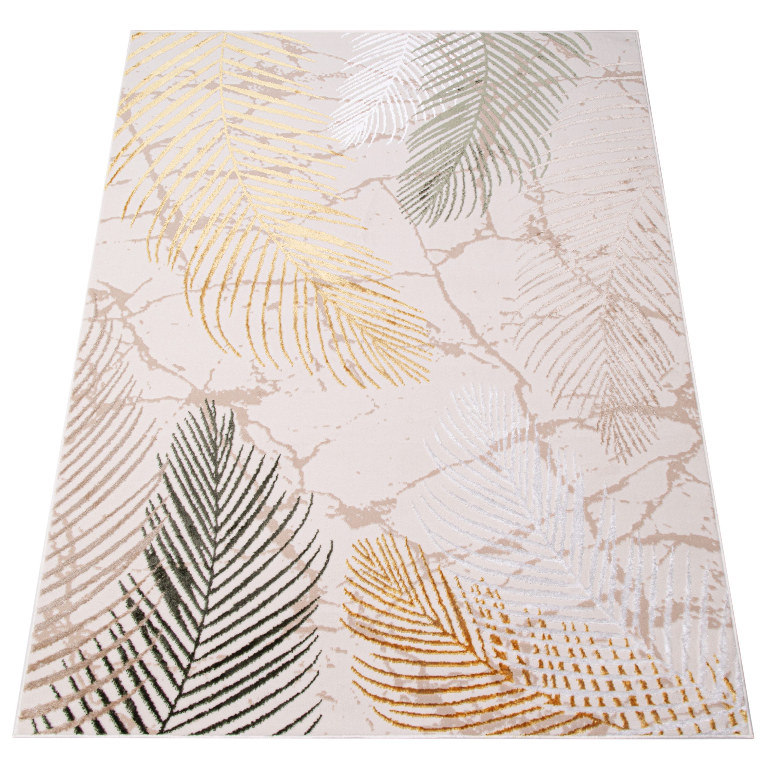 Teppich Crystal Grün Gold Creme Blätter 3D Effekt
