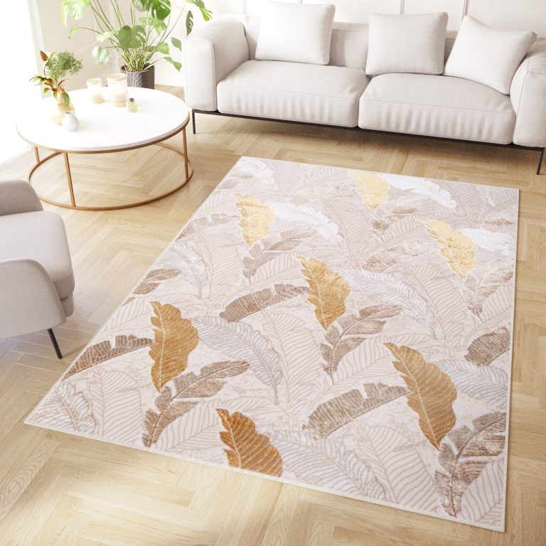Teppich Crystal Gold Braun Beige Blätter 3D Effekt