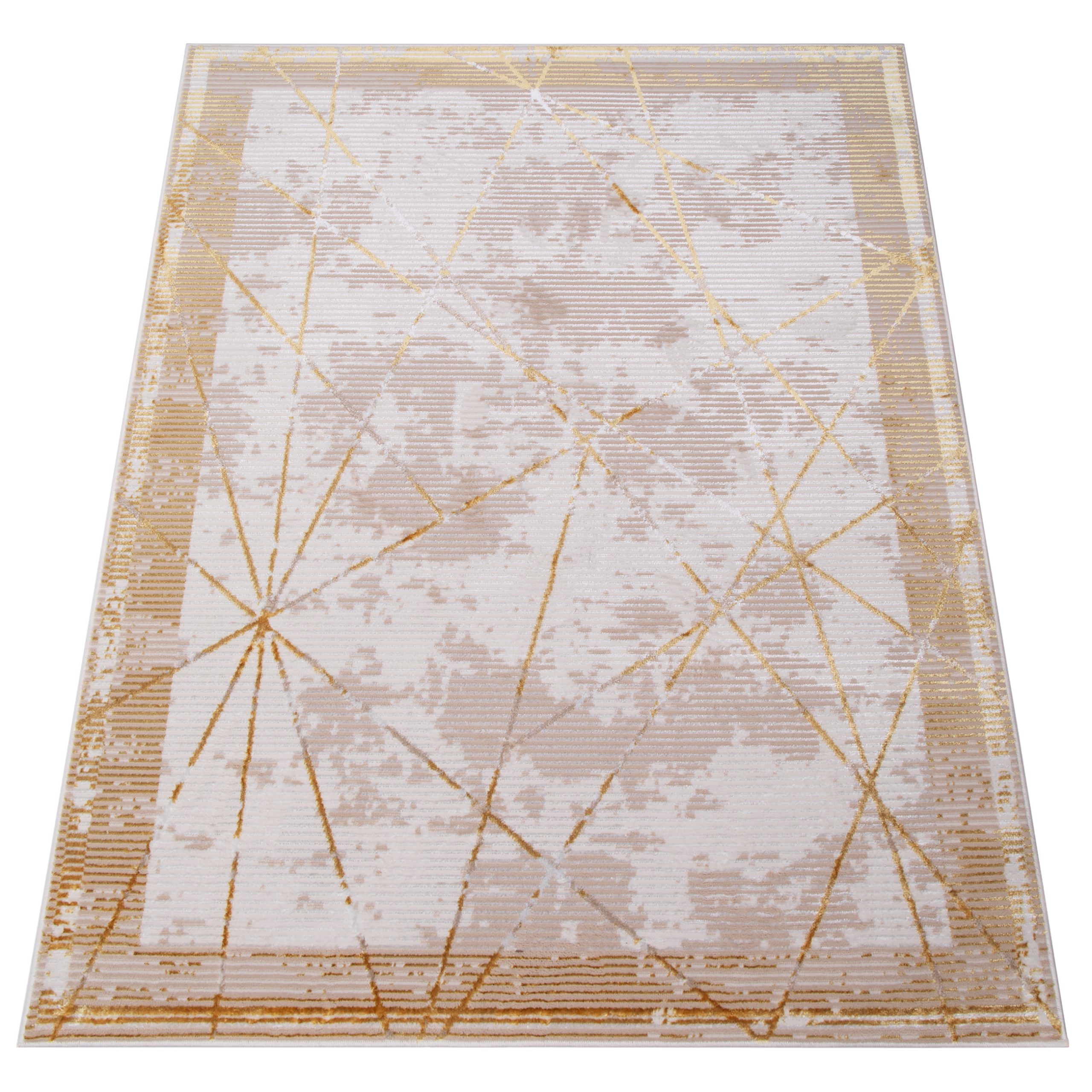 Teppich Crystal Gold Beige Rahmen Geometrisch 3D Effekt