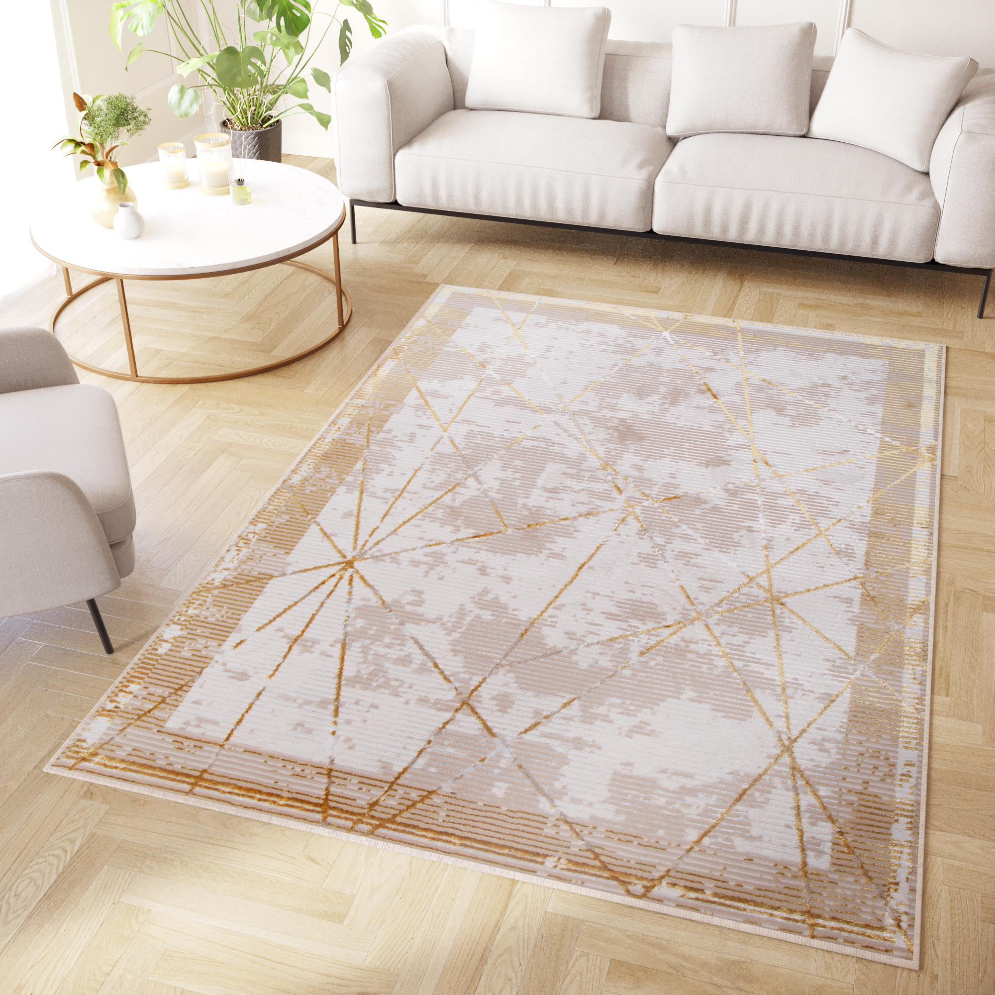 Teppich Crystal Gold Beige Rahmen Geometrisch 3D Effekt