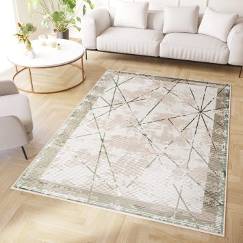 Teppich Crystal Grün Beige Rahmen Geometrisch 3D Effekt