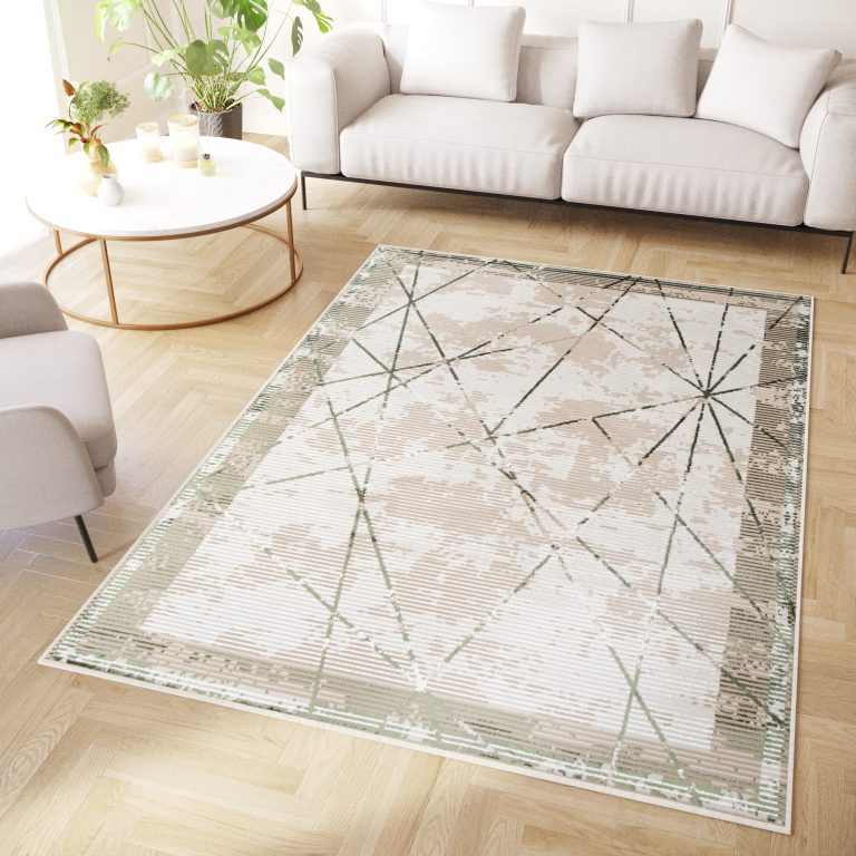 Teppich Crystal Grün Beige Rahmen Geometrisch 3D Effekt