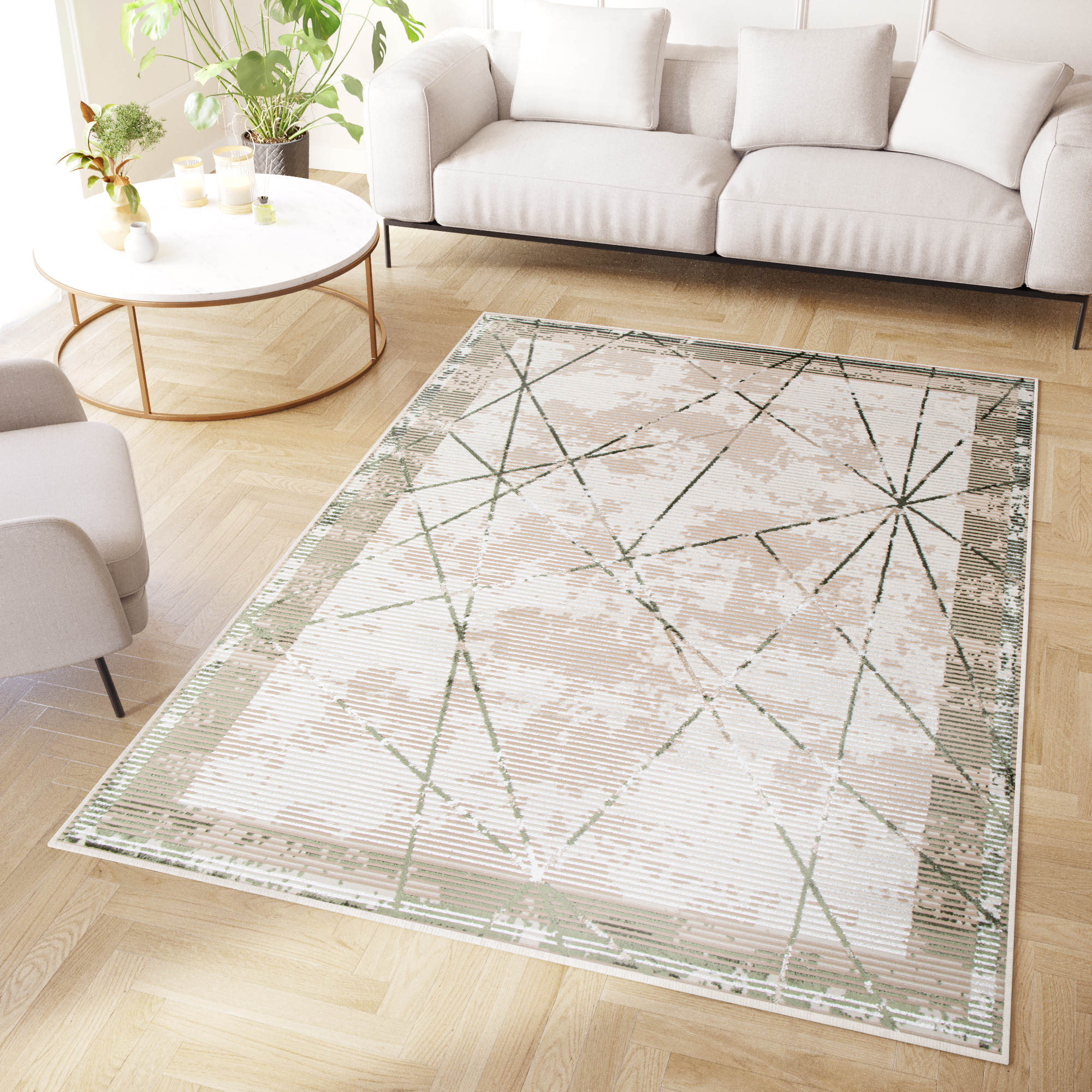 Teppich Crystal Grün Beige Rahmen Geometrisch 3D Effekt