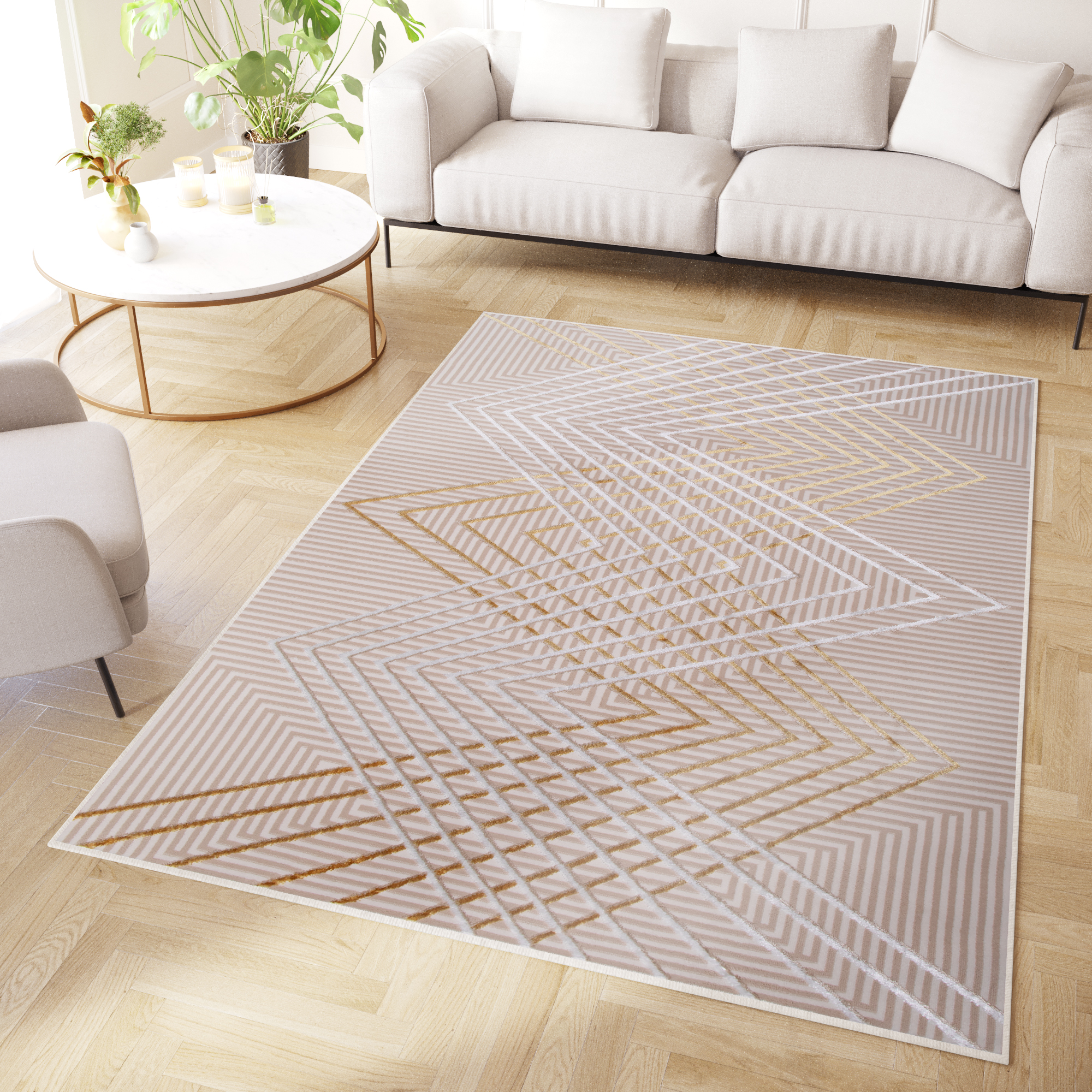 Teppich Crystal Gold Beige ZigZag Geometrisch 3D Effekt
