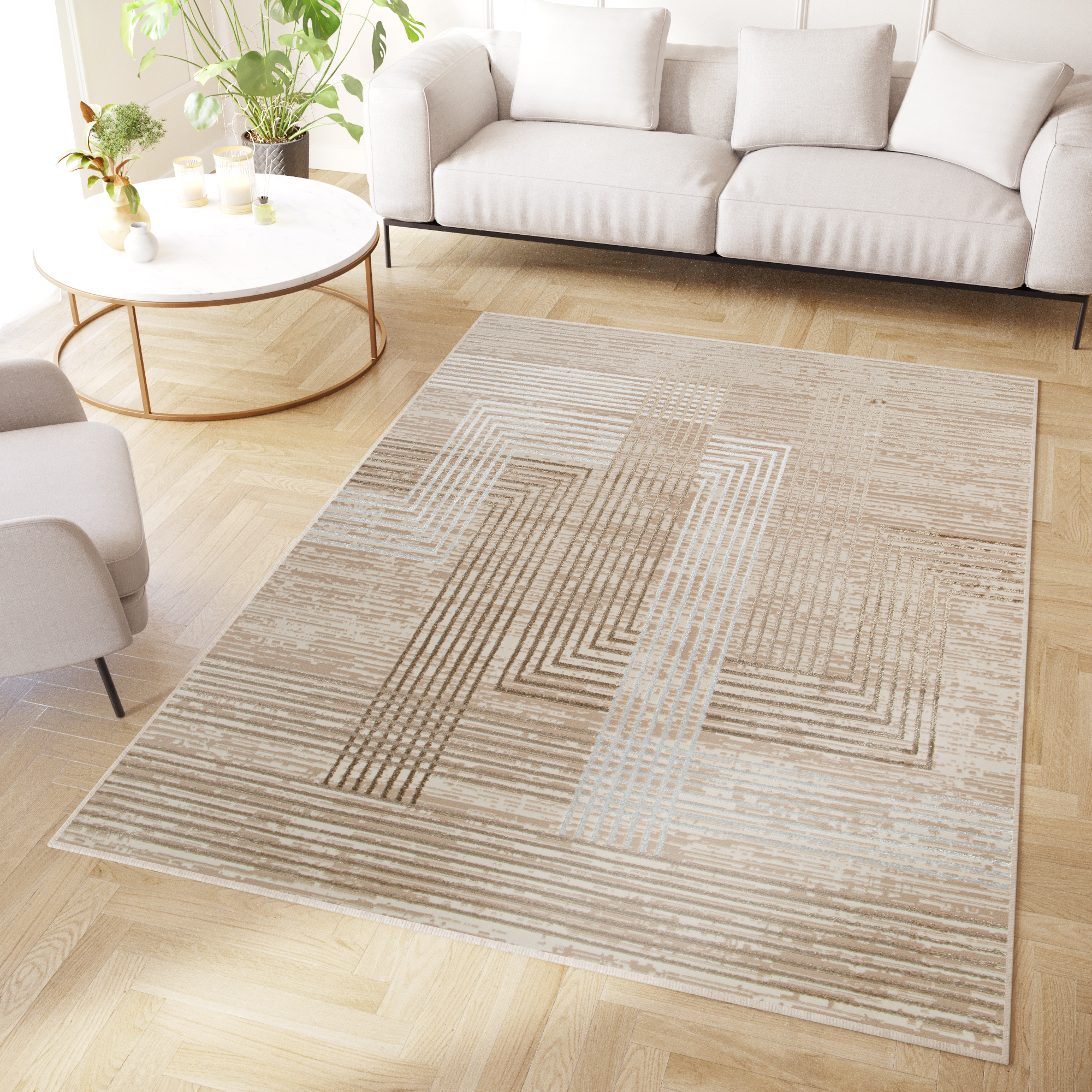 Teppich Crystal Braun Beige Creme Streifen 3D Effekt