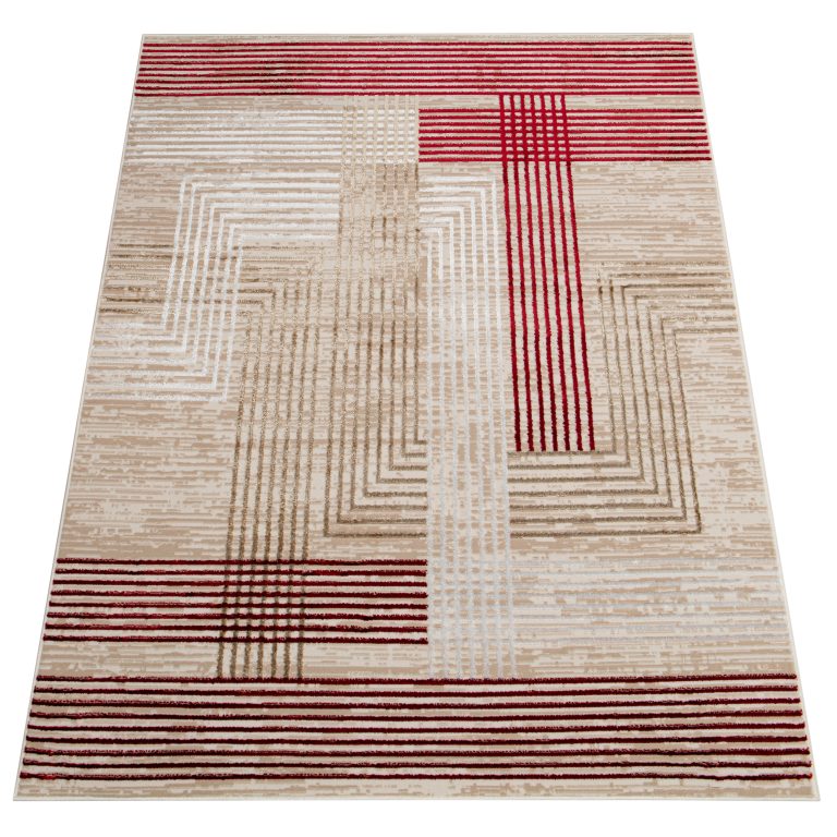 Teppich Crystal Rot Beige Creme Streifen 3D Effekt