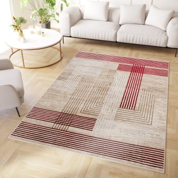 Teppich Crystal Rot Beige Creme Streifen 3D Effekt