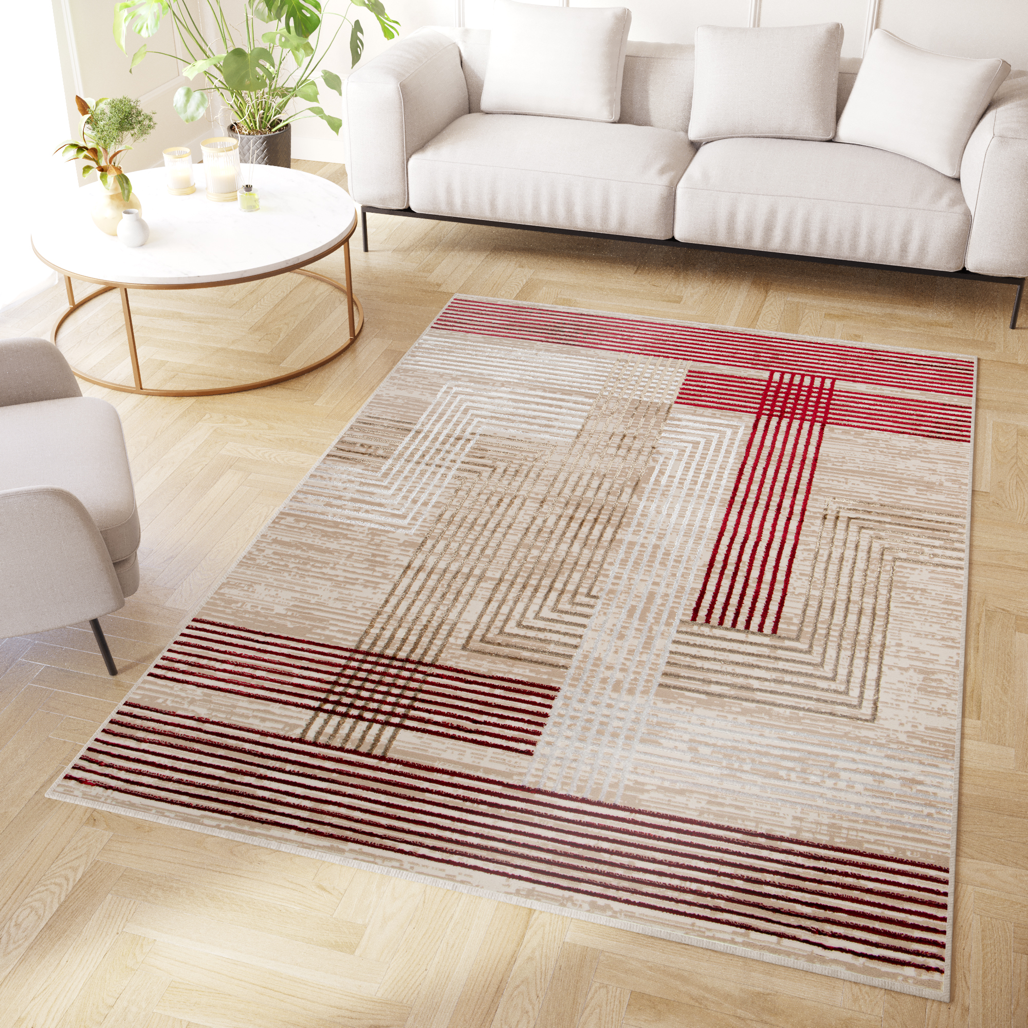 Teppich Crystal Rot Beige Creme Streifen 3D Effekt