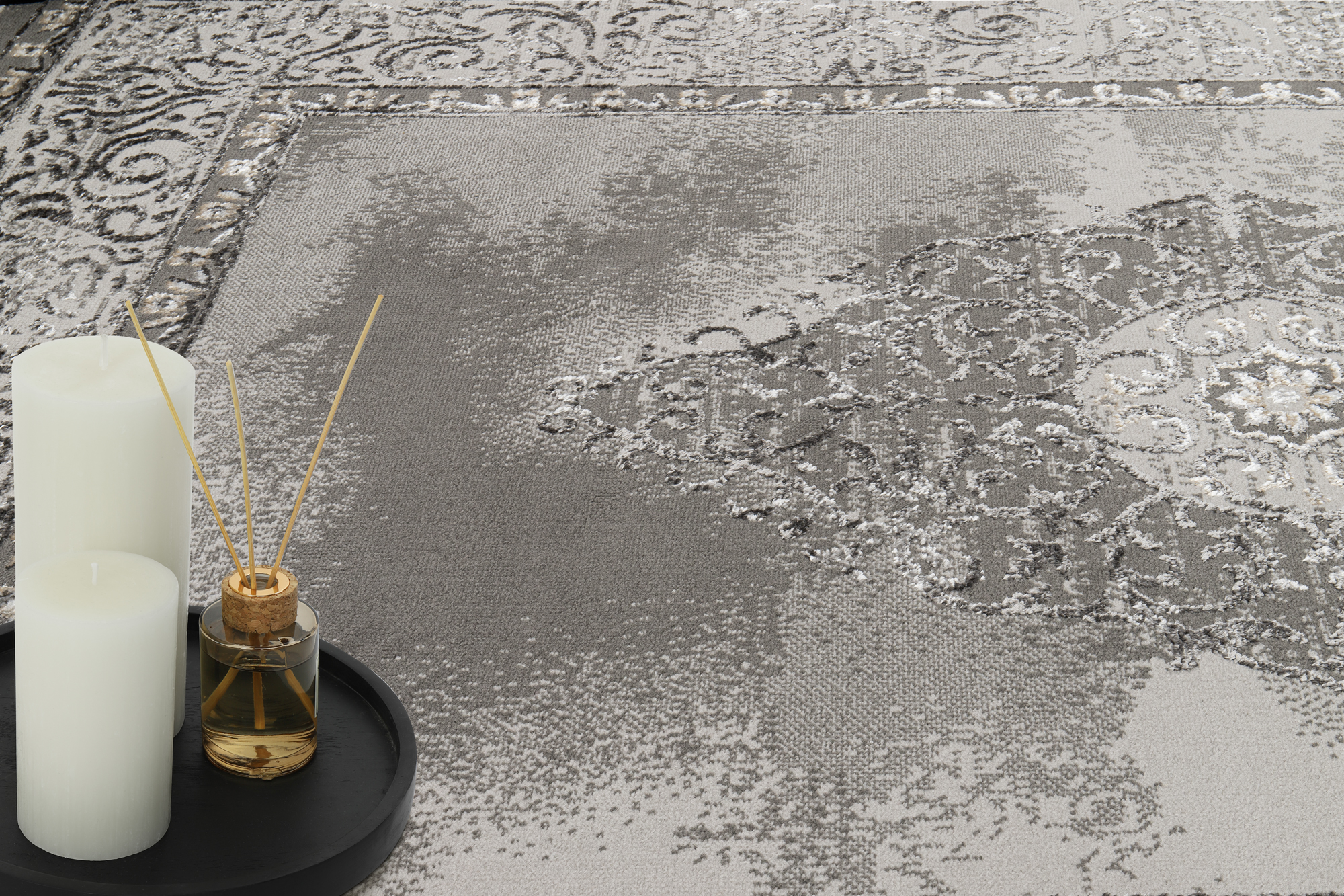 Teppich Ares Grau Rosette Rahmen Vintage