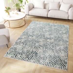 Teppich Crystal Blau Weiß Linien 3D Effekt