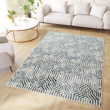 Teppich Crystal Blau Weiß Linien 3D Effekt