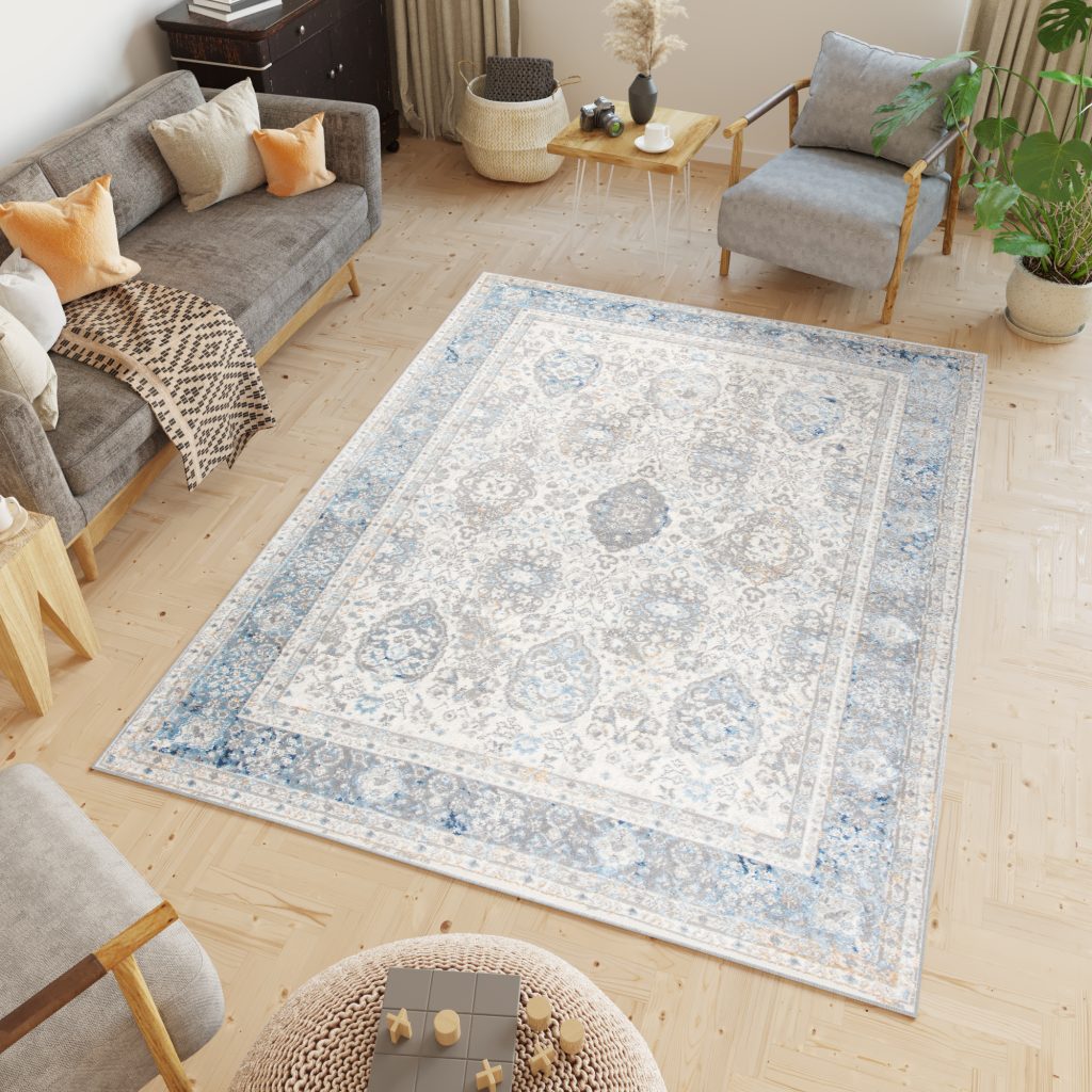 Teppich Valley Grau Blau Vintage Rahmen