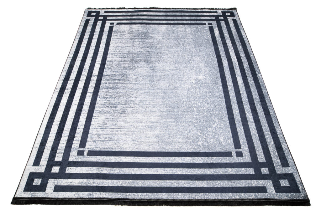 Teppich Toscana Fransen Grau Blau Rahmen
