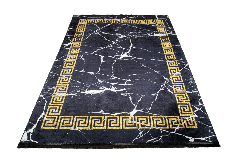 Teppich Toscana Fransen Schwarz Gold Rahmen