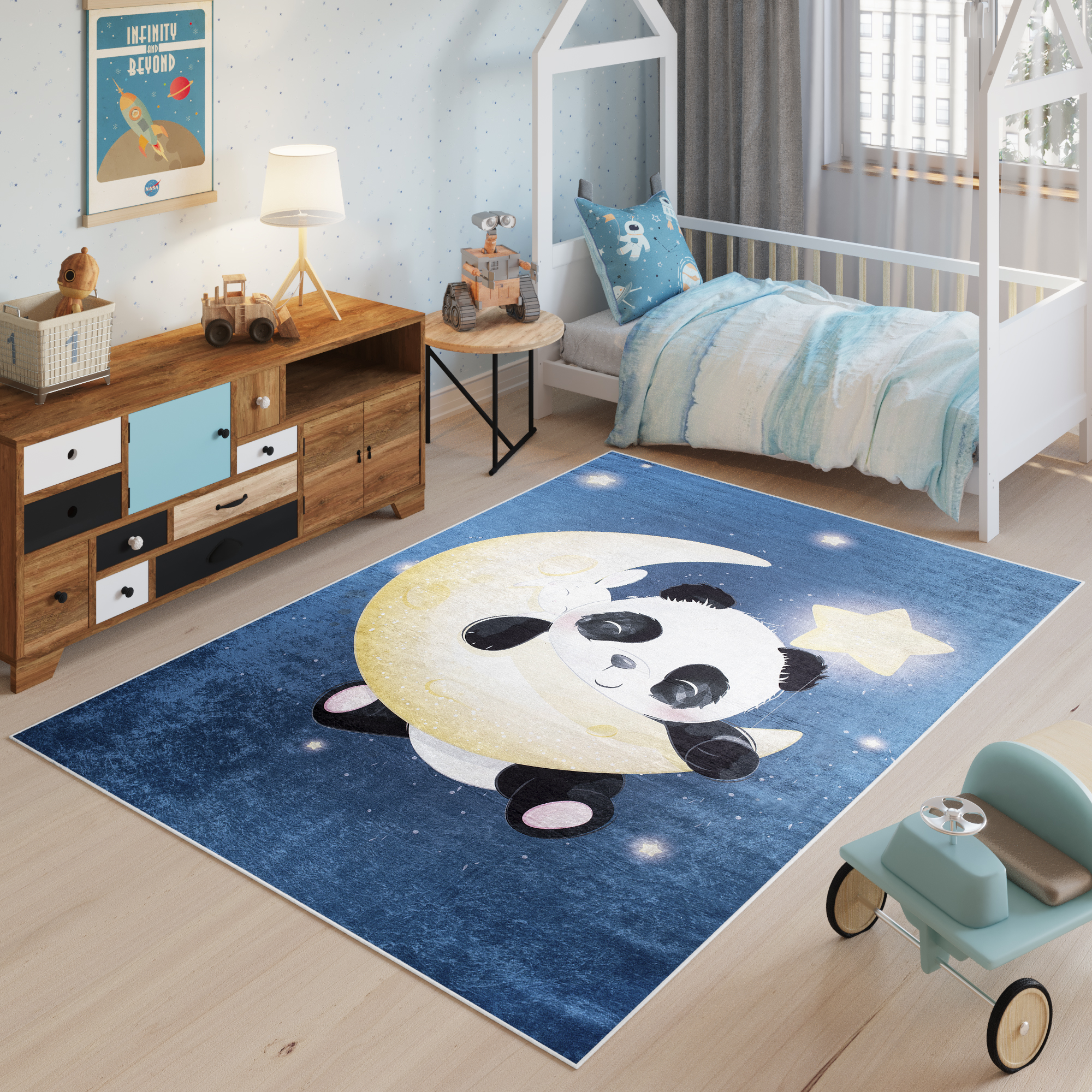 Teppich Emma Kinderzimmer Dunkelblau Panda Rutschfest