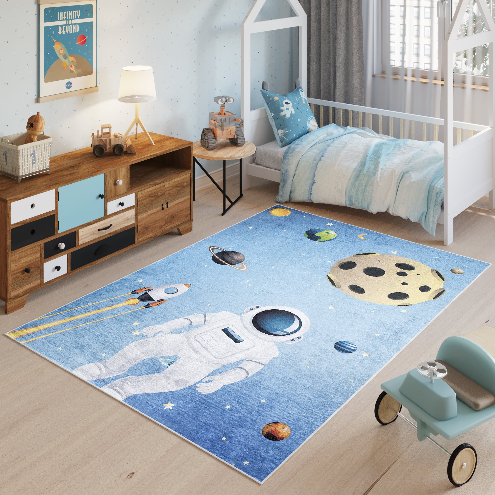 Teppich Emma Kinderzimmer Blau Kosmos Astronaut Rutschfest