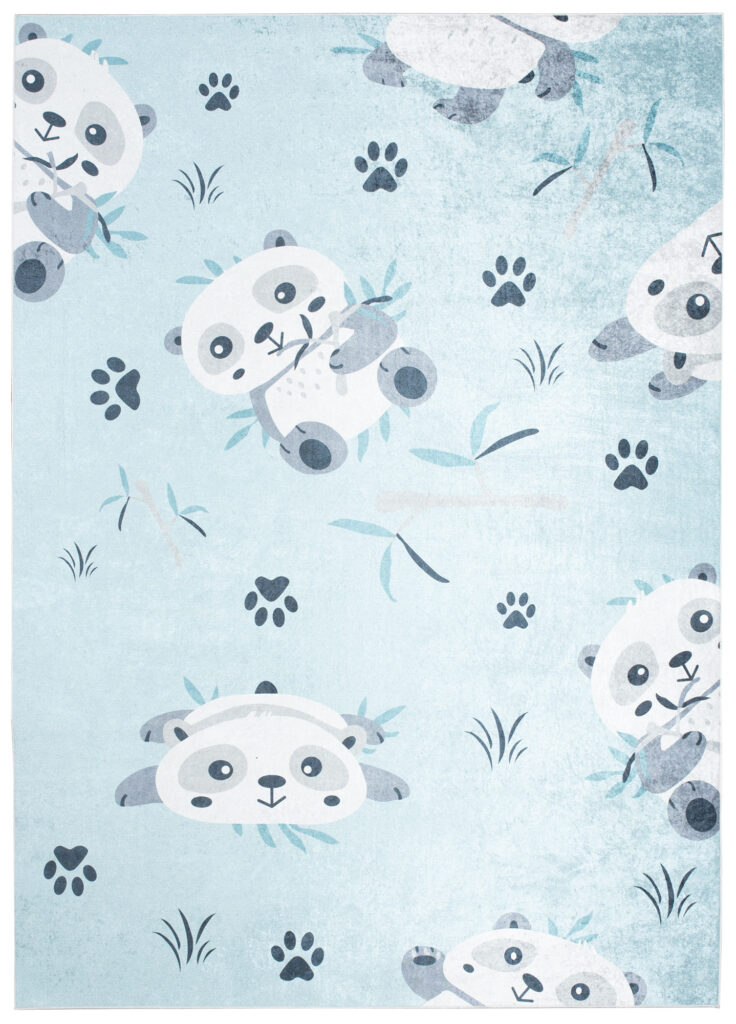 Teppich Emma Rutschfest Waschbar Blau Grau Panda