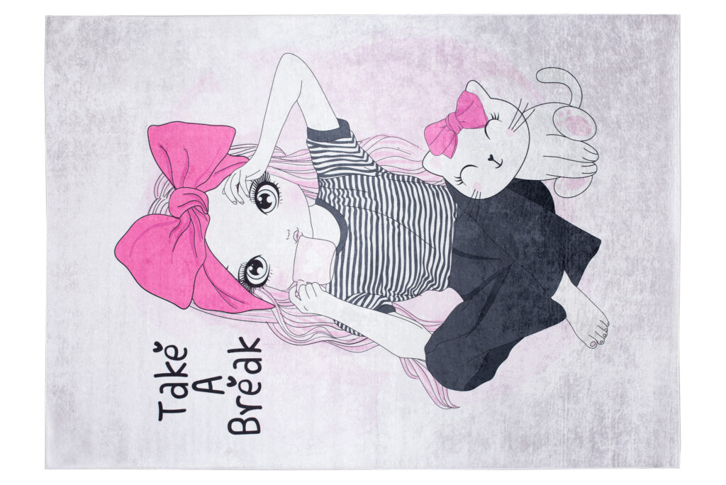 Teppich Emma Kinderzimmer Rosa Grau Mädchen Katze Rutschfest