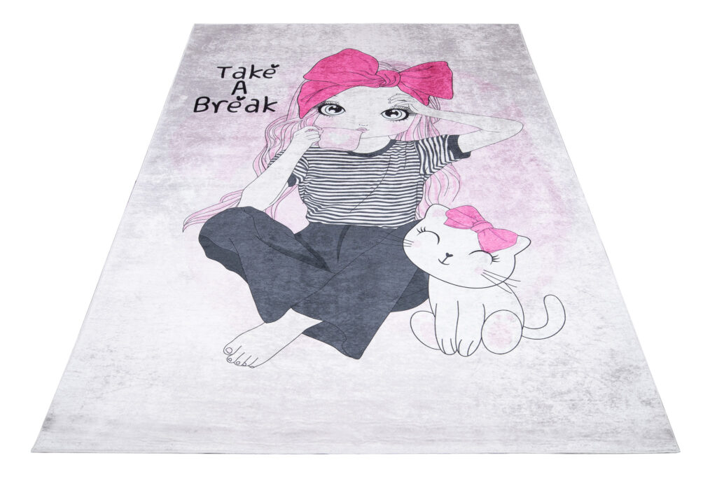 Teppich Emma Kinderzimmer Rosa Grau Mädchen Katze Rutschfest