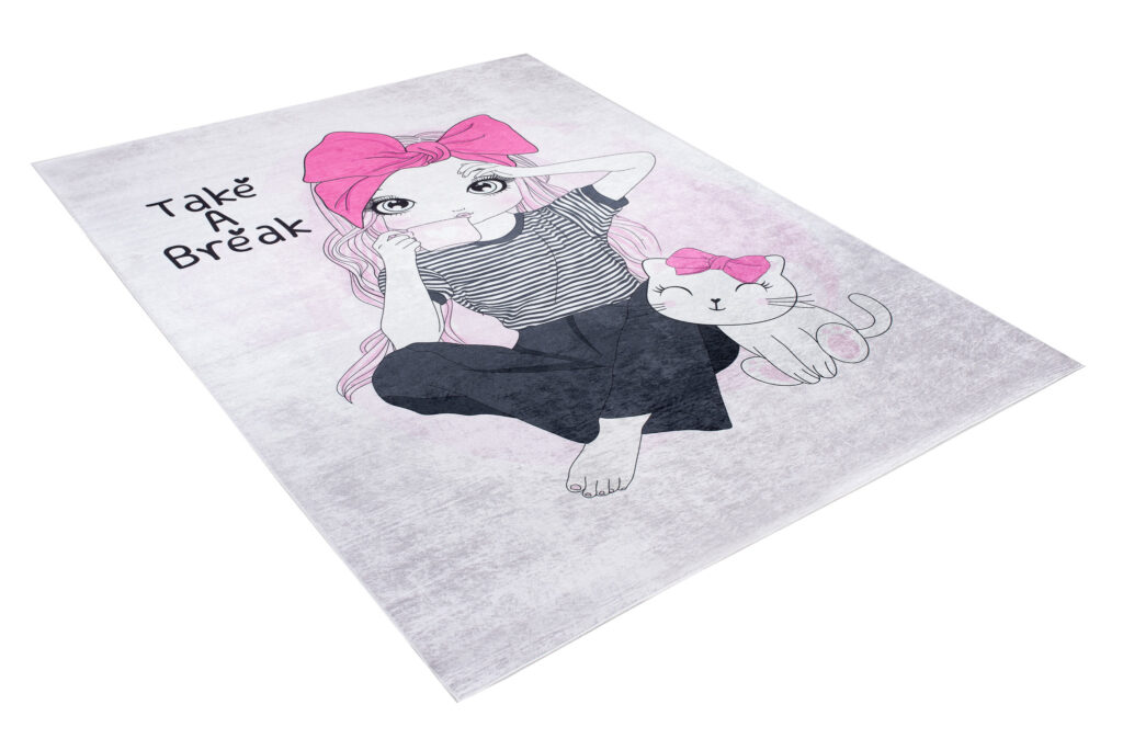Teppich Emma Kinderzimmer Rosa Grau Mädchen Katze Rutschfest