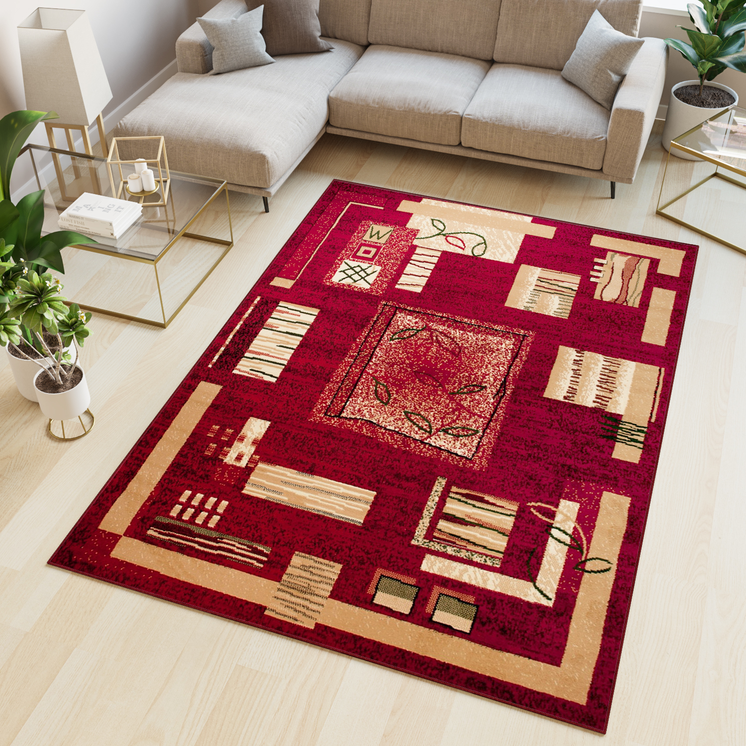 Teppich Atlas Rot Beige Geometrisch Blätter