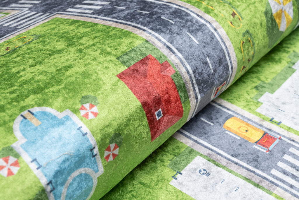 Teppich Emma Kinderzimmer Grün Grau Stadt Rutschfest