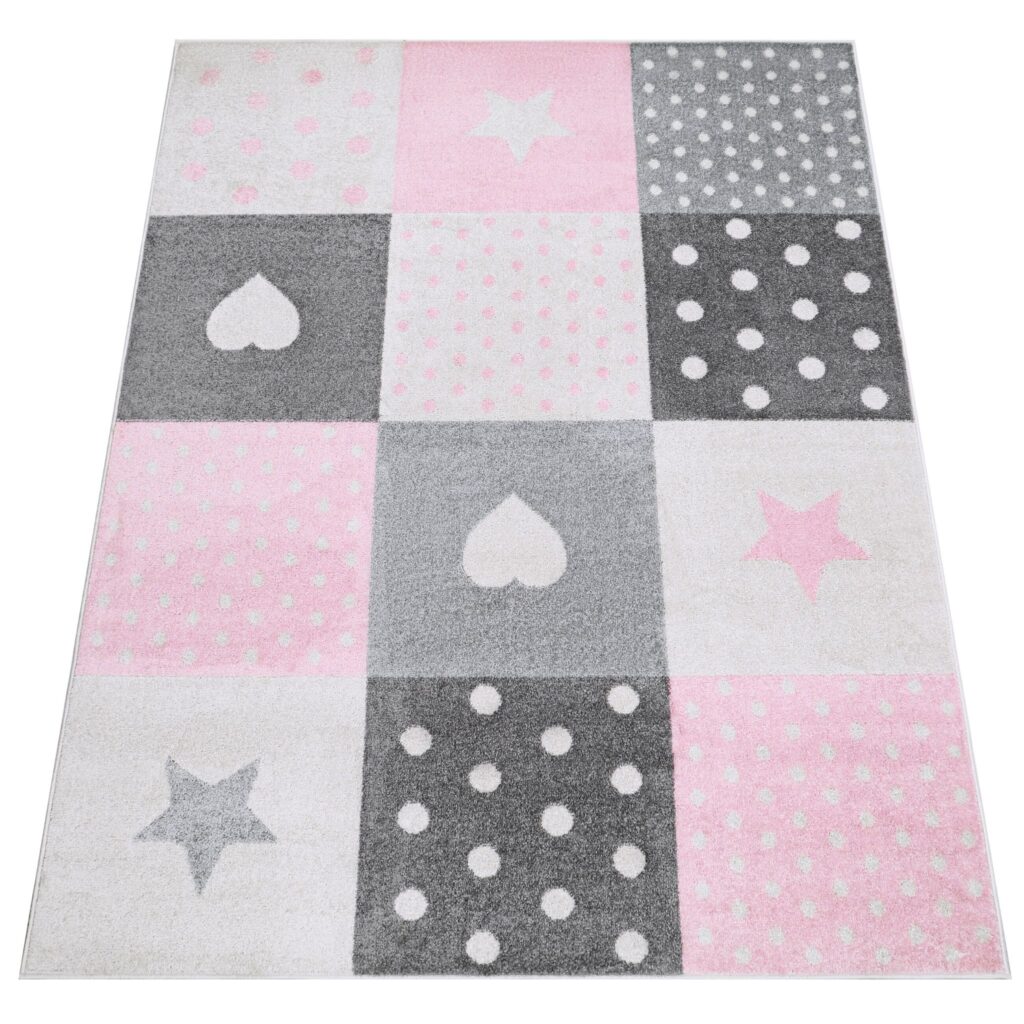 Teppich Lazur Grau Rosa Vierecke Kinderzimmer