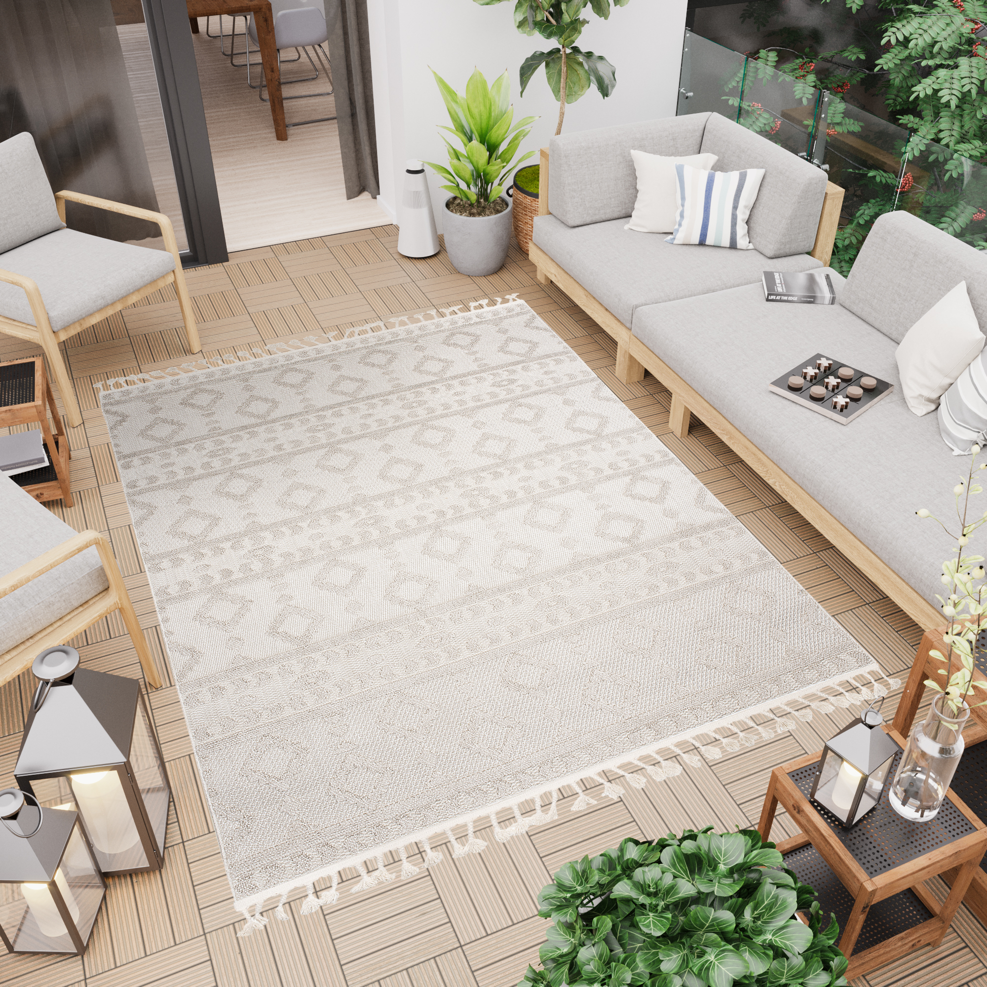 Teppich Timber Indoor Outdoor Beige Ethno Fransen