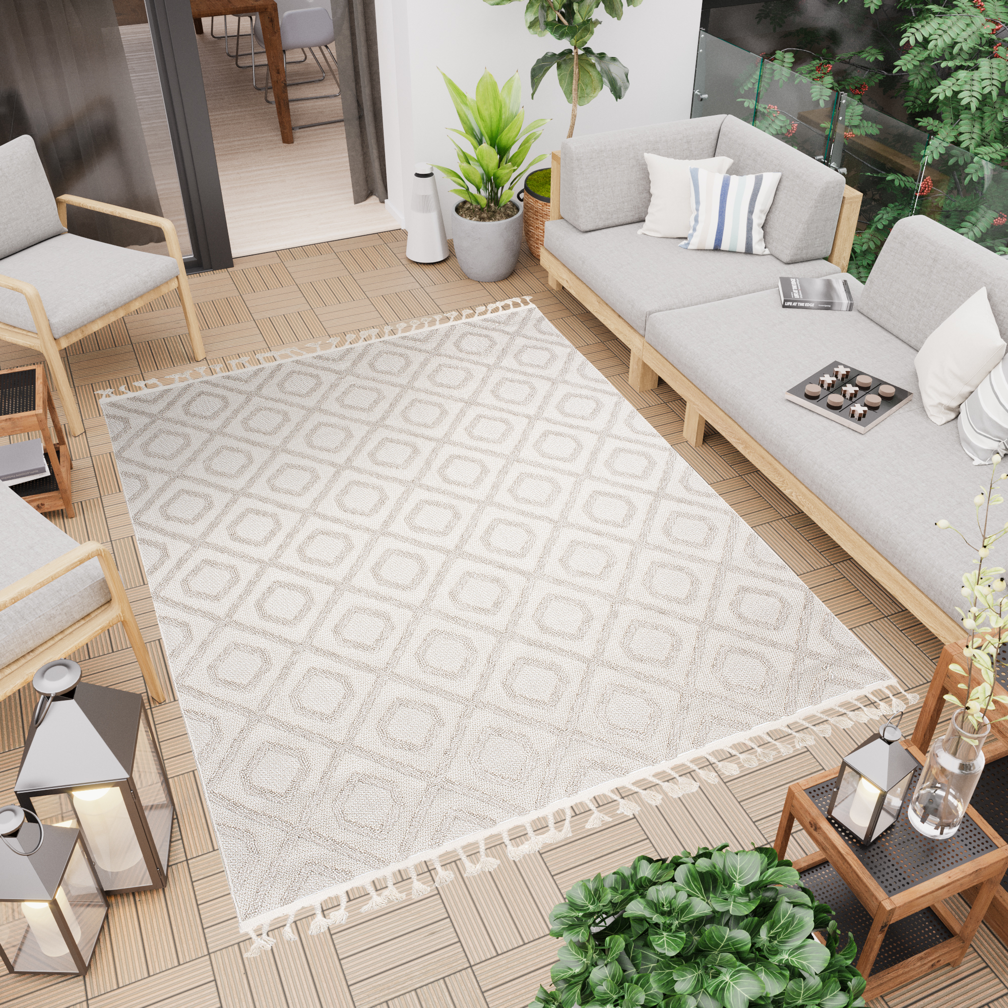 Teppich Timber Indoor Outdoor Beige Geometrisch Fransen