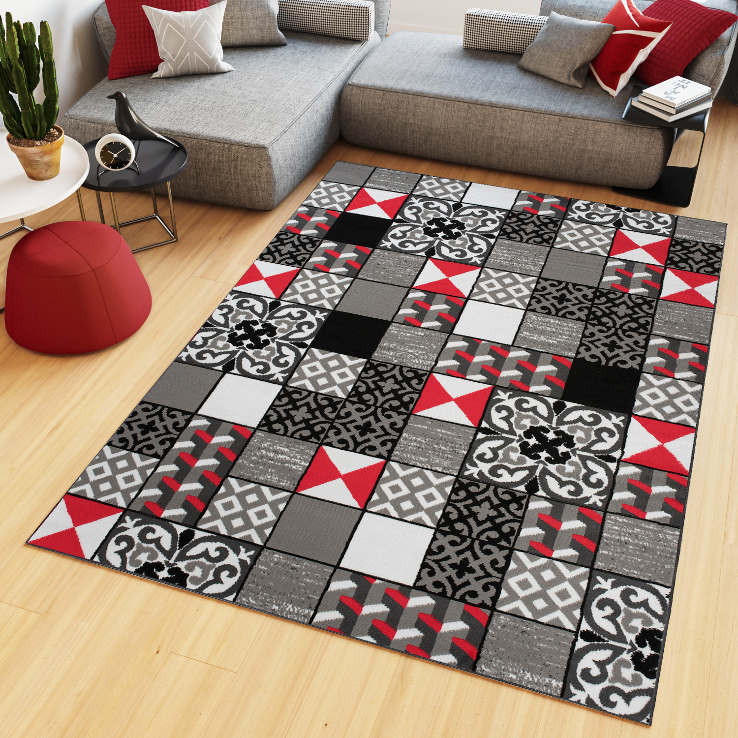 Teppich Maya Grau Rot Quadrate Mosaik