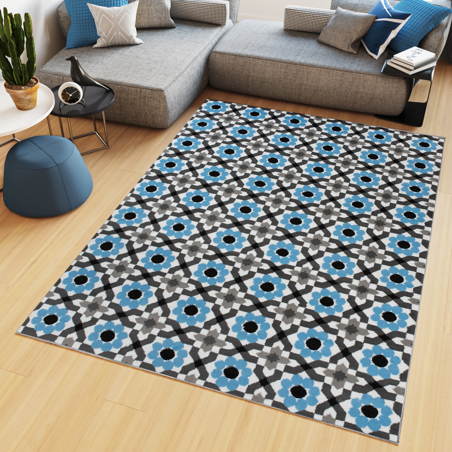 Teppich Maya Grau Blau Blumen Mosaik