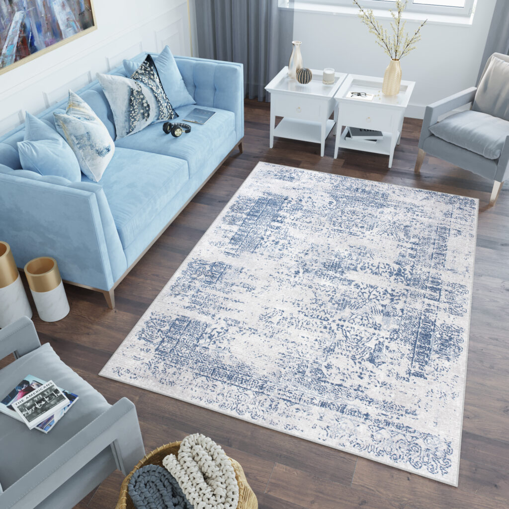 Teppich Sky Blau Creme Verwischungen Vintage