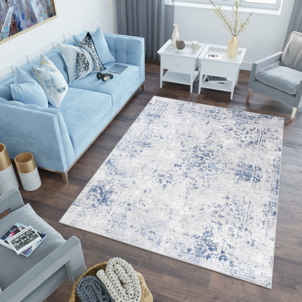 Teppich Sky Blau Grau Rahmen Ornament