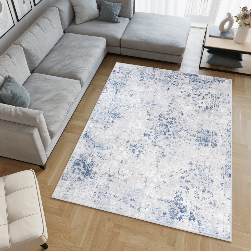 Teppich Sky Blau Grau Rahmen Ornament