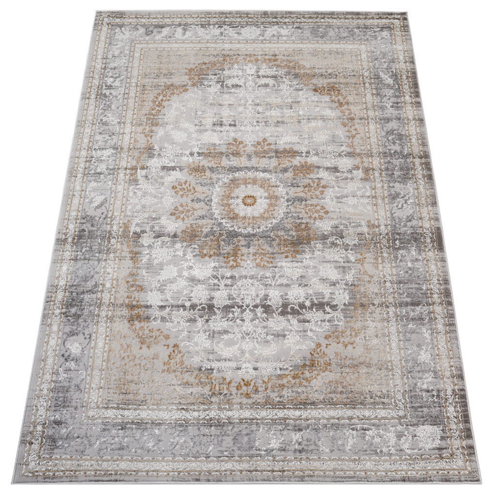 Teppich Hera Grau Beige Creme Rosette 3D-Effekt