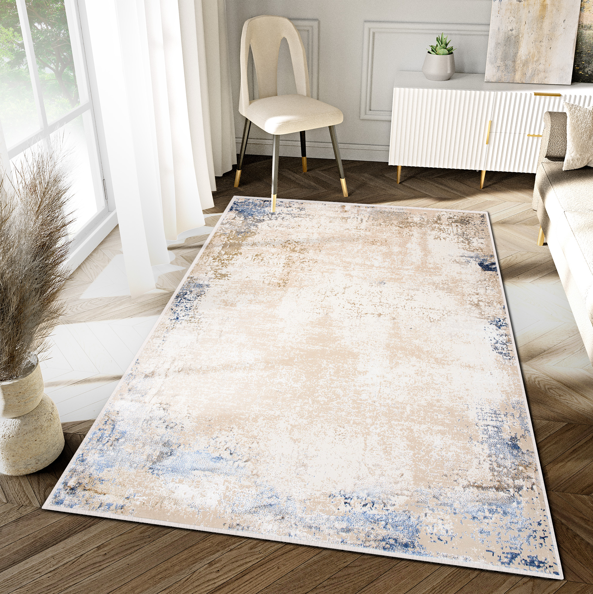 Teppich Hera Creme Beige Blau Modern 3D-Effekt