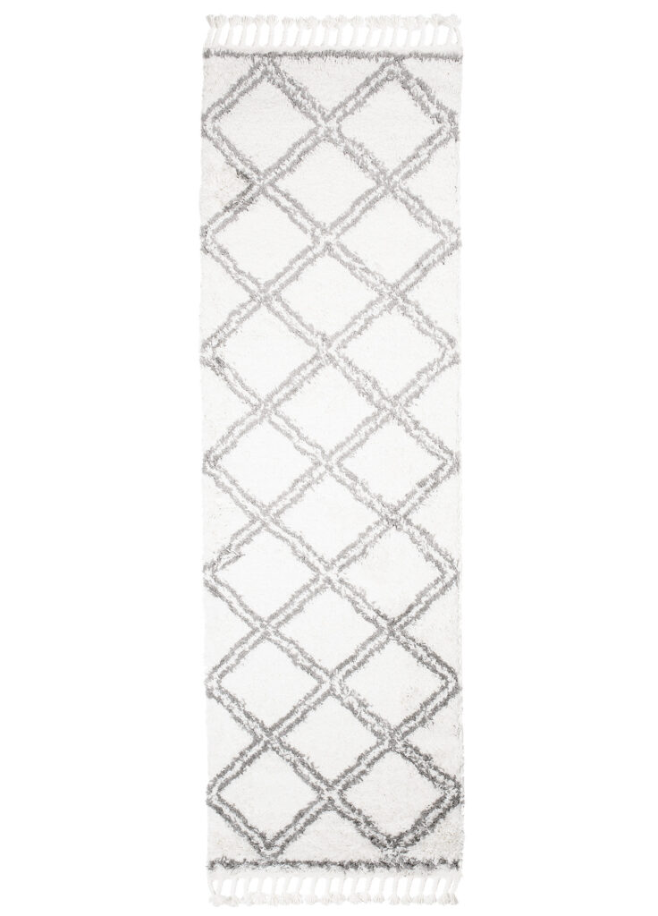 Teppichläufer Boho mit Fransen Creme Gitter Shaggy