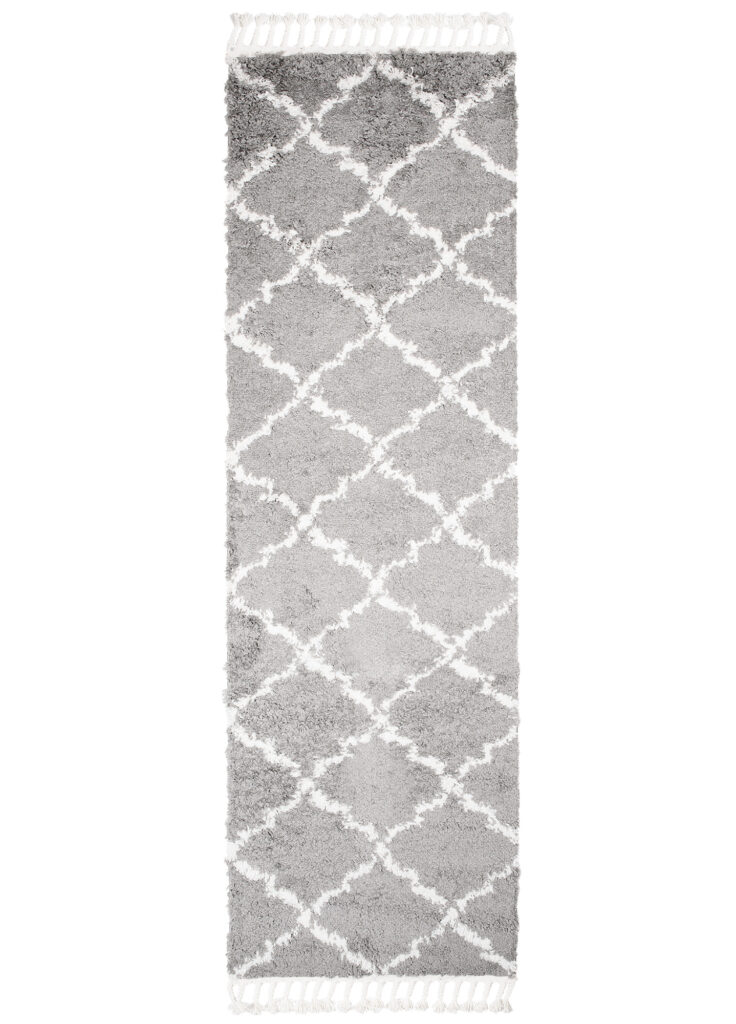 Teppichläufer Boho mit Fransen Grau Gitter Shaggy