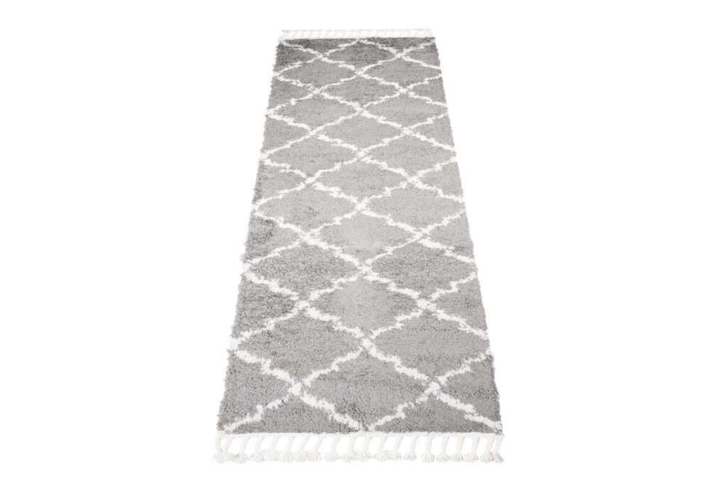 Teppichläufer Boho mit Fransen Grau Gitter Shaggy