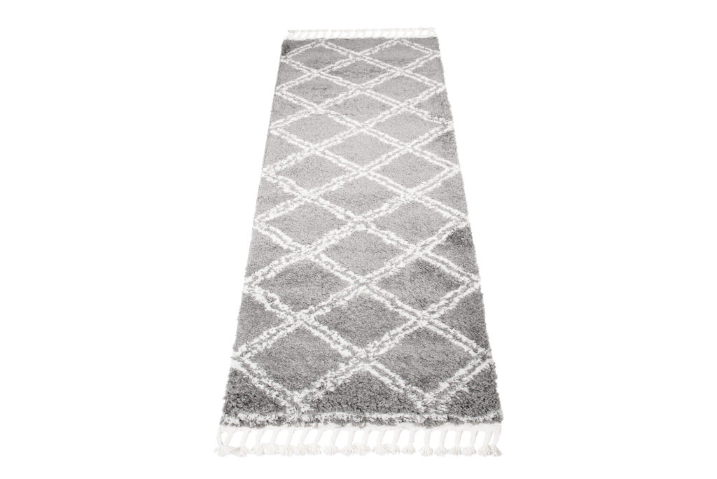 Teppichläufer Boho mit Fransen Grau Gitter Shaggy