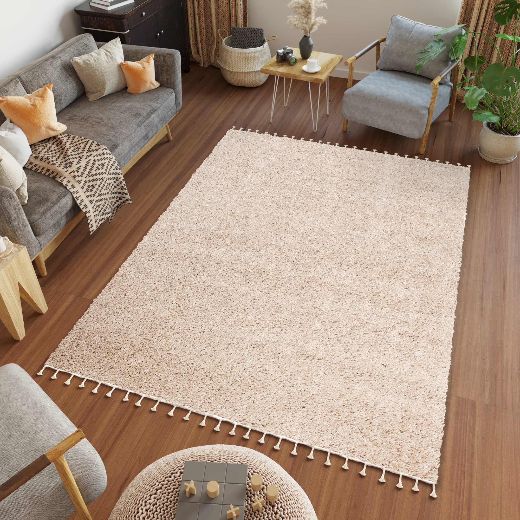 Teppich Boho mit Fransen Beige Shaggy