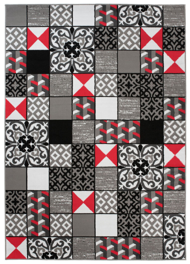 Teppich Maya Grau Rot Quadrate Mosaik