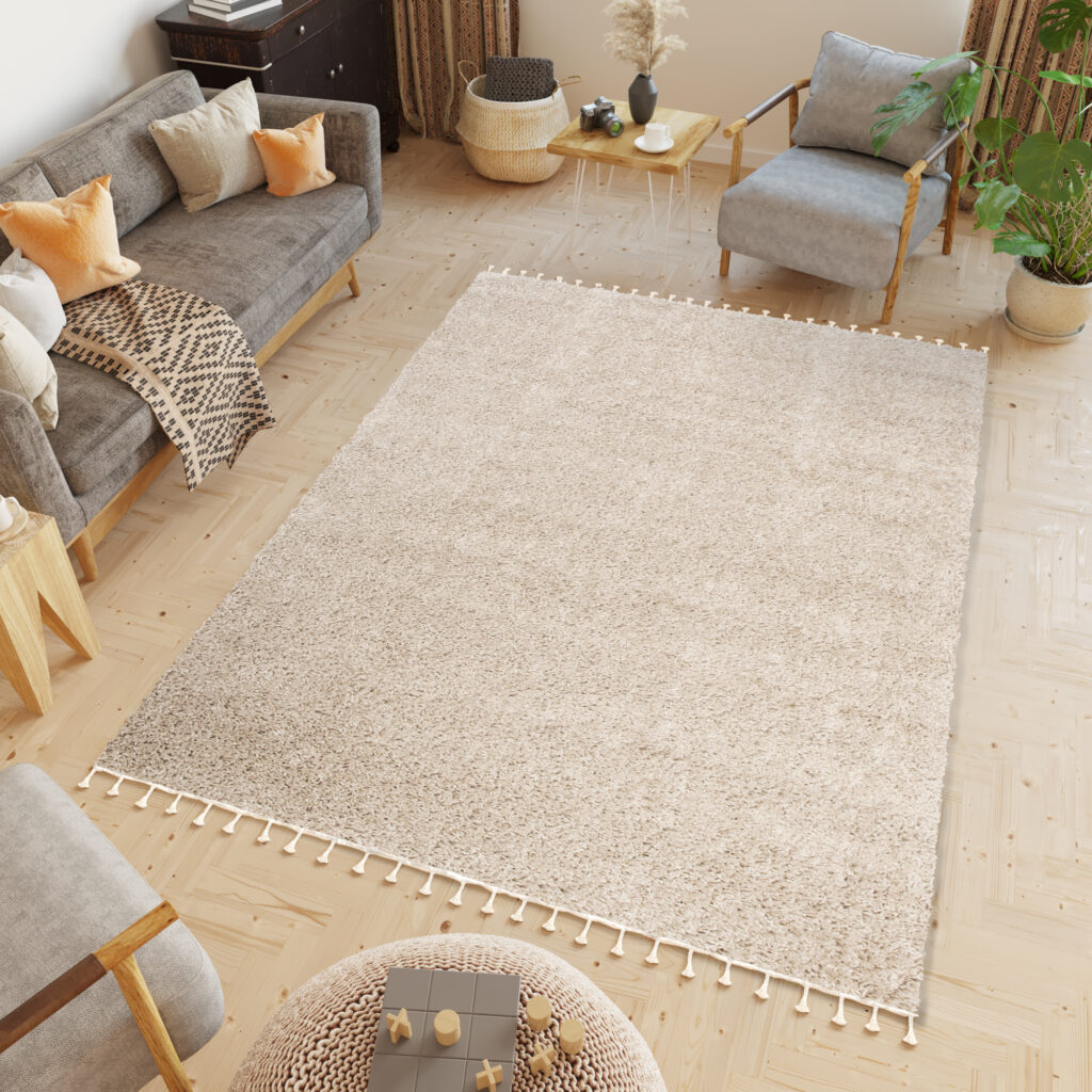 Teppich Boho mit Fransen Beige Shaggy